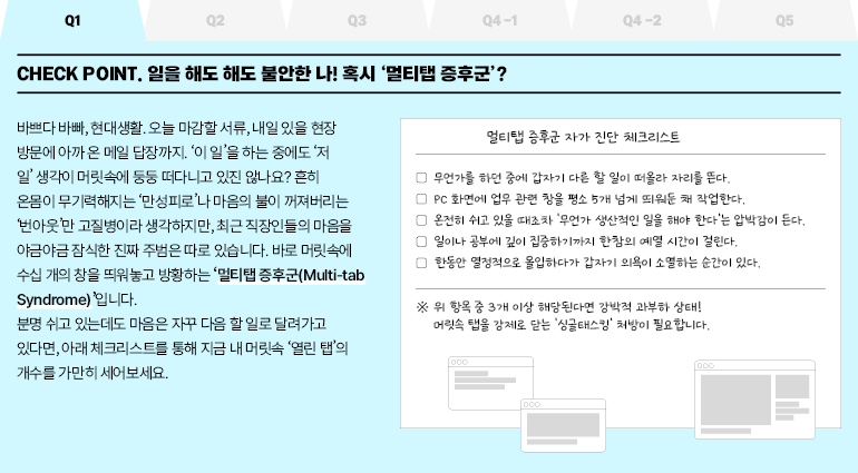 CHECK POINT. 일을 해도 해도 불안한 나! 혹시 멀티탭 증후군?  바쁘다 바빠, 현대생활. 오늘 마감할 서류, 내일 있을 현장 방문에 아까 온 메일 답장까지. 이 일을 하는 중에도 저 일 생각이 머릿속에 둥둥 떠다니고 있진 않나요? 흔히 온몸이 무기력해지는 만성피로나 마음의 불이 꺼져버리는 번아웃만 고질병이라 생각하지만, 최근 직장인들의 마음을 야금야금 잠식한 진짜 주범은 따로 있습니다. 바로 머릿속에 수십 개의 창을 띄워놓고 방황하는 멀티탭 증후군(Multi-tab Syndrome)입니다.  분명 쉬고 있는데도 마음은 자꾸 다음 할 일로 달려가고 있다면, 아래 체크리스트를 통해 지금 내 머릿속 열린 탭의 개수를 가만히 세어보세요.  멀티탭 증후군 자가 진단 체크리스트  무언가를 하던 중에 갑자기 다른 할 일이 떠올라 자리를 뜬다.  PC 화면에 업무 관련 창을 평소 5개 넘게 띄워둔 채 작업한다.  온전히 쉬고 있을 때조차 무언가 생산적인 일을 해야 한다는 압박감이 든다.  일이나 공부에 깊이 집중하기까지 한참의 예열 시간이 걸린다.  한동안 열정적으로 몰입하다가 갑자기 의욕이 소멸하는 순간이 있다.  ※ 위 항목 중 3개 이상 해당된다면 강박적 과부하 상태! 머릿속 탭을 강제로 닫는 싱글태스킹 처방이 필요합니다.  000  1000  000